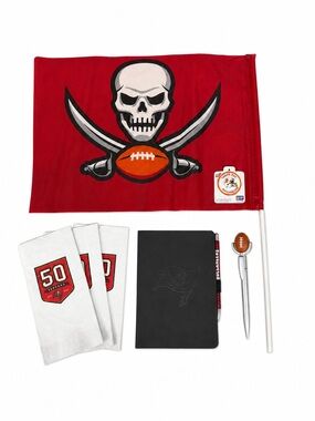 Tampa Bay Buccaneers Fan Collection Lot-Flag, Napkins, FB Pen, Notebook, Button